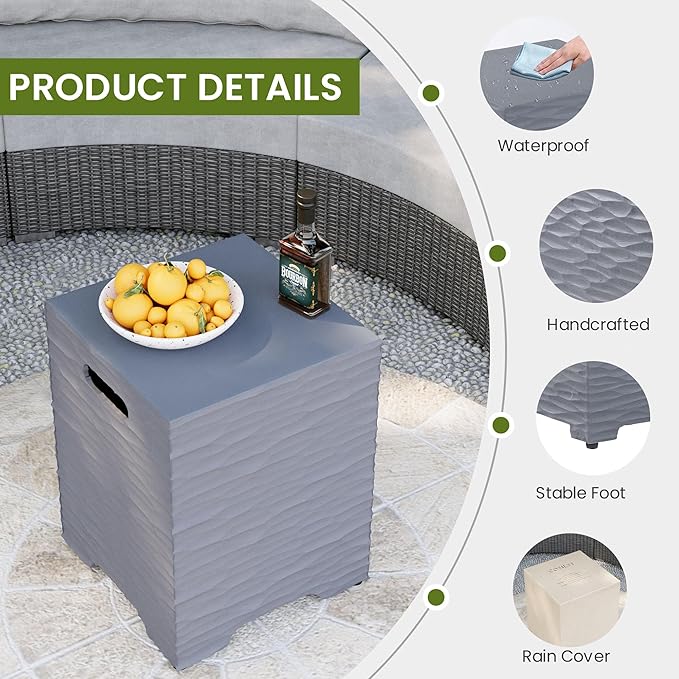 COSIEST Outdoor Propane Tank Cover Table with Wave Design, 16 inch Outside Hideaway Tank Table, Hides Standard 20lb Tank, Gray