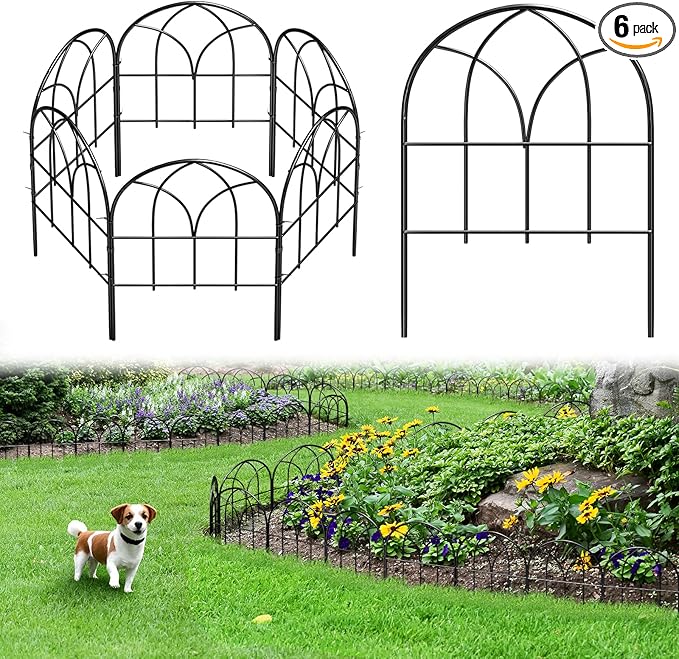 Small Garden Fence Animal Barrier, 12.55"*16.53" Decorative Fence Panel, No Dig Fences Barrier, Arch 6 Pcs Black Metal Fencing, Garden Border Edging Fences, Dog Fencing Blocker for Yard, Flower Bed