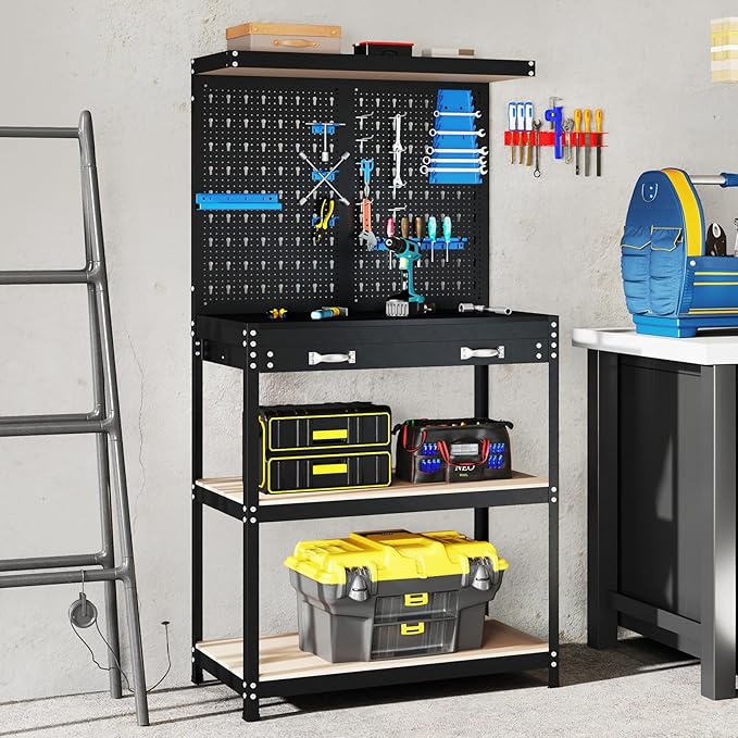 Goplus Workbench, Work Table with Drawer, Pegboard, Hanging Accessories, Topping Space, 4-Tier Heavy Duty Metal Tool Storage Bench, Work Benches for Garage, Workshop (Blue, 32" x 16" with Drawer)