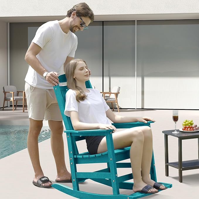 LOUNZY Outdoor Rocking Chair, HDPE Patio Rocking Chair with Footboard for Adults, All Weather Heavy Duty Front Porch Rocker, Aruba