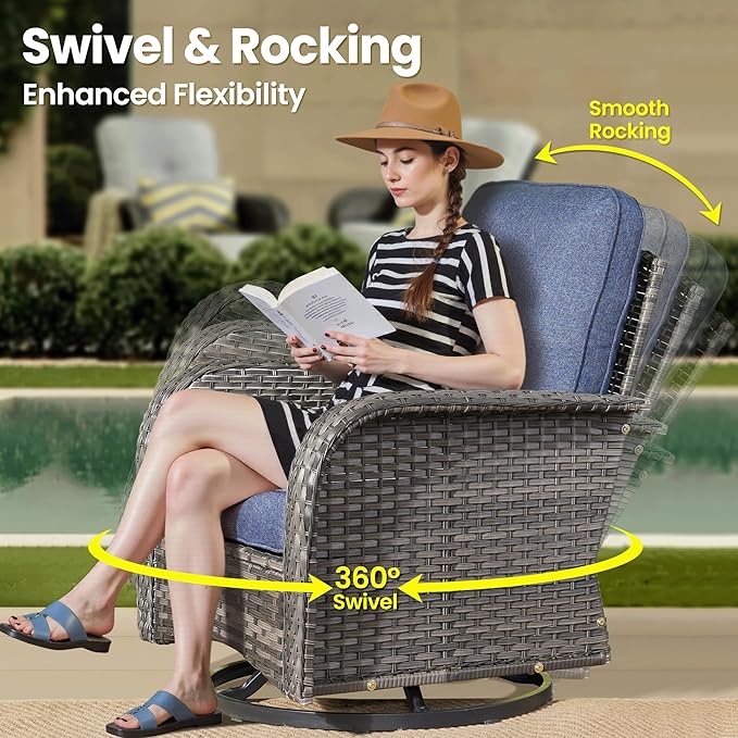 ovios 3 Pieces Patio Furniture Set, Outdoor Rocking Chairs of 2, Wicker Swivel Glider Chairs with Side Table Thick Cushions, All Weather Rattan Bistro Set for Porch, Denim Blue