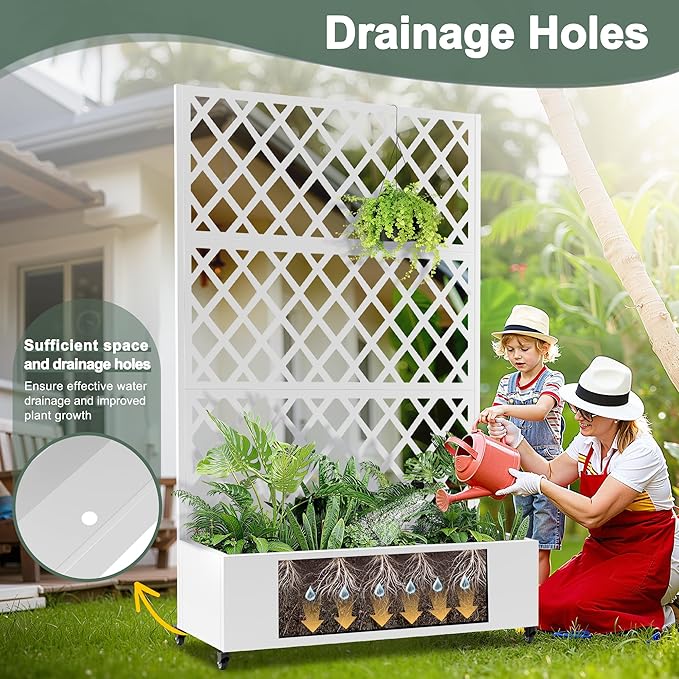Metal Large Planter Box with Trellis for Climbing Plants Vegetables, Raised Garden Bed with Privacy Screen, 47"L×16"W×71"H Garden Boxes with Wheels & Drainage Hole (White Diamond Lattice)