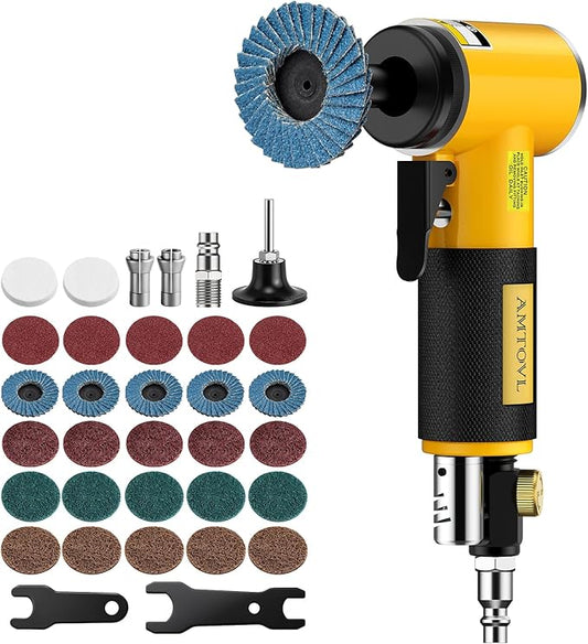 AMTOVL Air Die Grinder Kit, Right Angle Die Grinder with 1/4" 1/8" Collets and 2" Quick Change Roll Lock Sanding Discs Accessories Set, 20,000RPM Pneumatic Air Grinding Tools Attachments