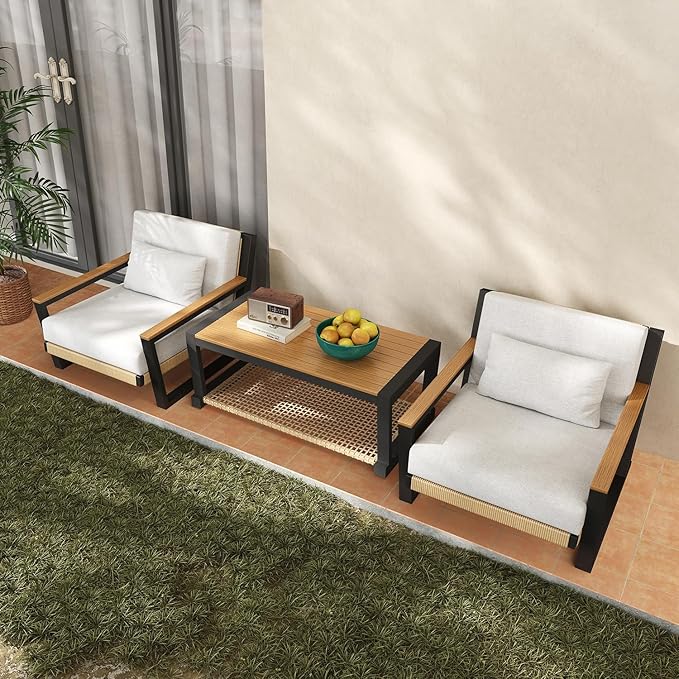 Aluminum Patio Sofa Set with PE Rope Weaving, 500lbs Capacity Outdoor Conversation Set, Waterproof UV-Resistant Cushions & Powder-Coated Frame, Modern Sectional for Poolside, Garden Yellow