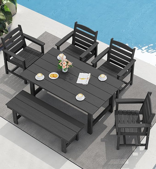 SERWALL Outdoor Dining Set for 6, HDPE Outdoor Furniture with Umbrella Hole & 1 Outdoor Bench & 4 Outdoor Dining Chairs, Black