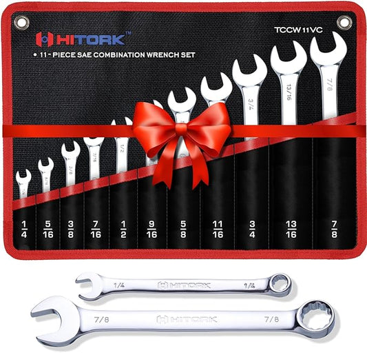Hitork 11 Piece Combination Wrench Set with Roll Pouch, SAE Sizes (1/4" - 7/8"), Drop Forged Cr-V Steel, Chrome Plated Mirror Finish, 12 Point Box End, 15° Offset, Exceeds ANSI Standards