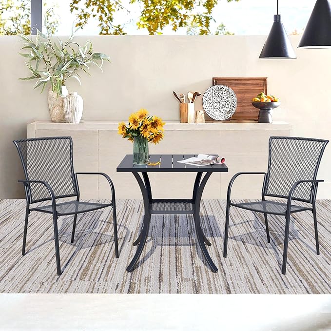 3 Piece Outdoor Dining Set, Patio Dining Set for 2, 27.6" Metal Square Table with 2 Black Metal Mesh Outdoor Dining Chairs with Armrest for Lawn, Garden, or Porch