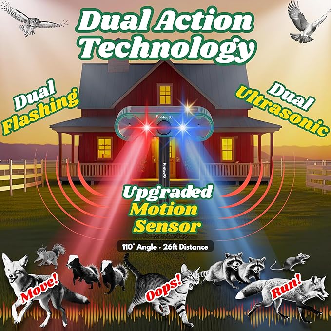 Solar Ultrasonic Animal Repellent Outdoor - Motion Activated Deterrent with Flashing LED Lights - Waterproof Yard & Garden Protector for Deer, Cat, Squirrel, Raccon, Rodents, Bird Repeller (1 Pack)