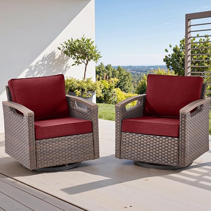 Rilyson Outdoor Patio Swivel Rocking Chairs Set of 2, All Weather Wicker, Metal Armrest, Deep Seating, Thick Comfortable Cushions, Ideal for Deck Porch Backyard, Brown/Red