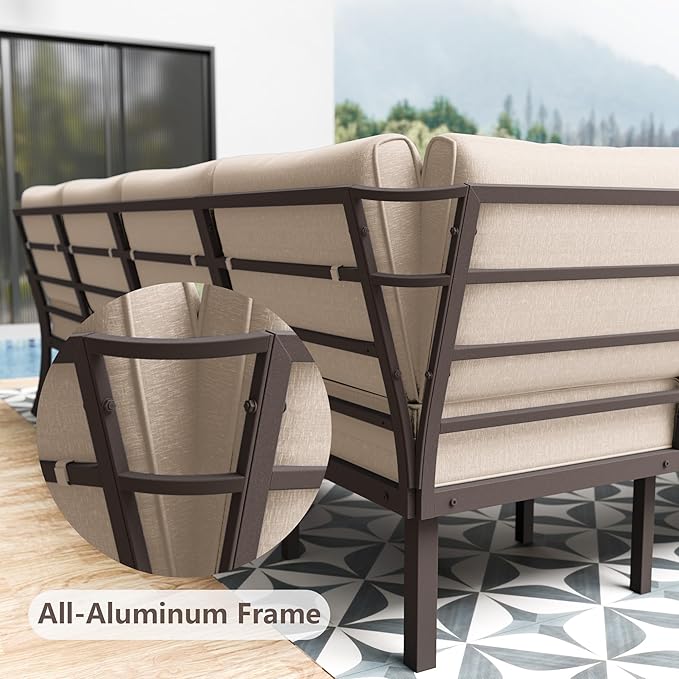 10-seat Aluminum Patio Furniture Set, L-Shaped Sectional Sofa with 5.1" Cushions, High Backrest & 2 Footstools, Durable Outdoor Patio Furniture Set, Backyard, Poolside - Sand