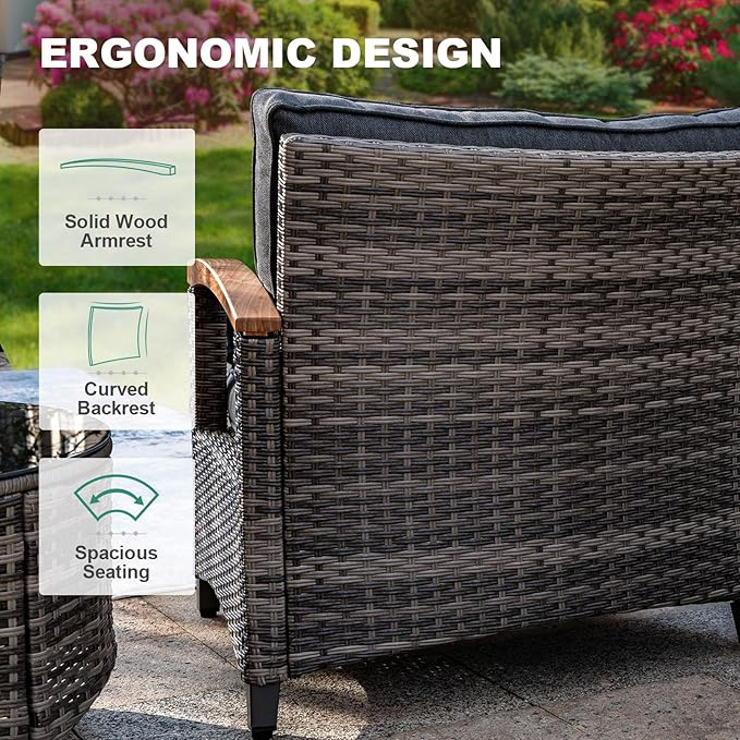 MEISSALIVVE 11 Piece Outdoor Patio Furniture Set, Half-Moon Curved Sectional Sofa Rattan Conversation Set with Wood Armrests, Coffee Table & 2 Side Table（Grey）