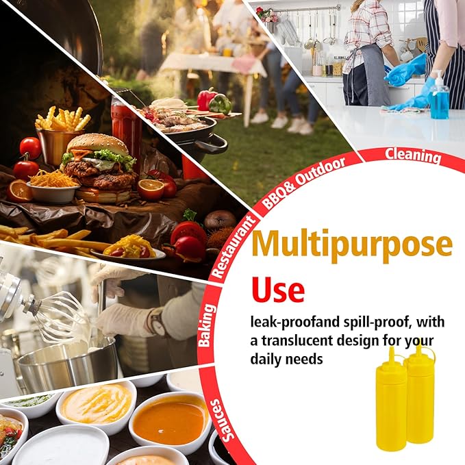 Squeeze Bottles for Sauces,Leak-Proof Condiment Dispenser, BPA-Free Kitchen Restaurant Squeeze Bottle Set with Wide Mouth for Ketchup, Mustard,Syrup,Dressings (Yellow, 4Pack-12oz(300ml))
