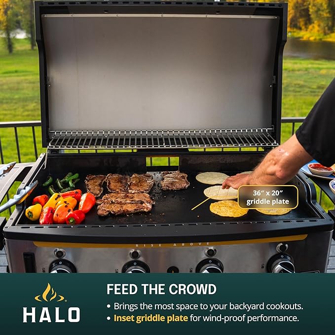 HALO Elite4B Outdoor Griddle | 4 Burner, 8 Cooking Zones | 720 sq. in. (36″ x 20″) Wind-Proof Cooking Surface | Propane Gas Grill | HZ-1001-XNA