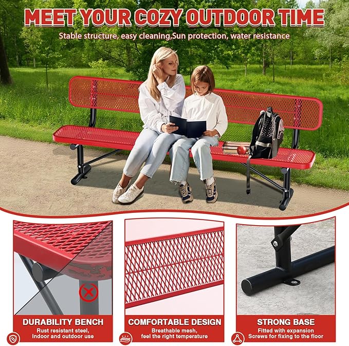 Heavy Duty Park Bench for Outside, Metal Park Bench with Back Portable Frame, Outdoor Steel Mesh Garden Bench with Backrest for Garden, Lawn, Patio, Porch, Park, Yard (Red, 6FT/73INCH)