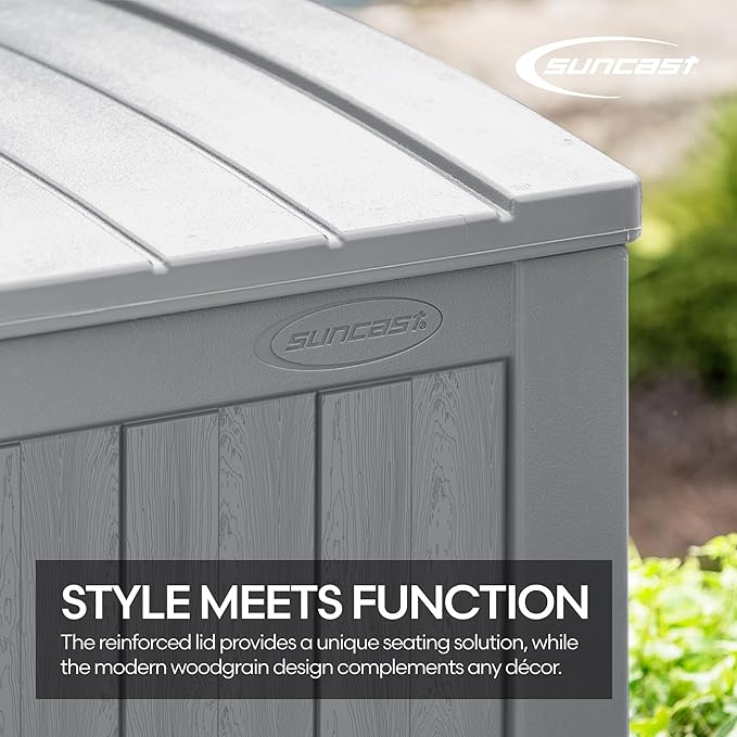 Suncast 134-Gal. Waterproof Resin Extra-Large Outdoor Patio Deck Box with Pad-Lockable Lid, Modern Outdoor Patio Bench/Storage Box for Cushions, Garden Tools, and More, Dove Gray