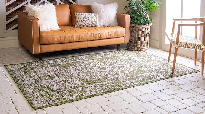 Unique Loom Outdoor Traditional Collection Area Rug - Timeworn (9' x 12' Rectangle, Green/ Gray)