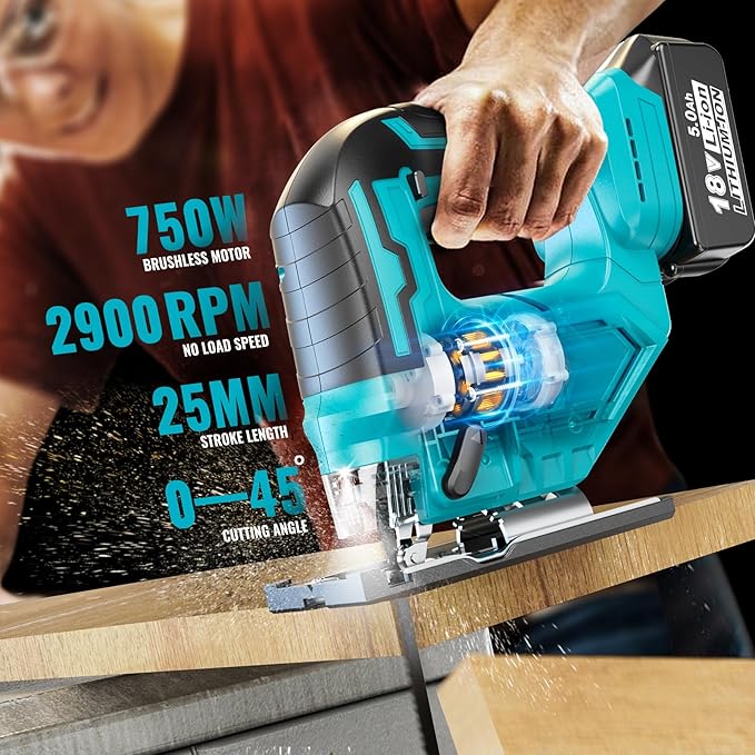 Ecarke JigSaw Compatible With Makita 18V, Brushless Cordless jigsaw tool with Variable Speed LED Light, ±45° Bevel Cuts 3-Position Orbital Action for Cutting (With 5Ah Battery & Charger Station Kit)