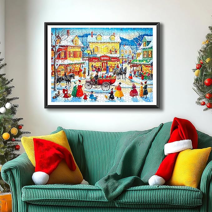 Winter Holiday Scene Jigsaw Puzzle, 1000 Pieces, Colorful Christmas Village Snow Landscape, Family Entertainment