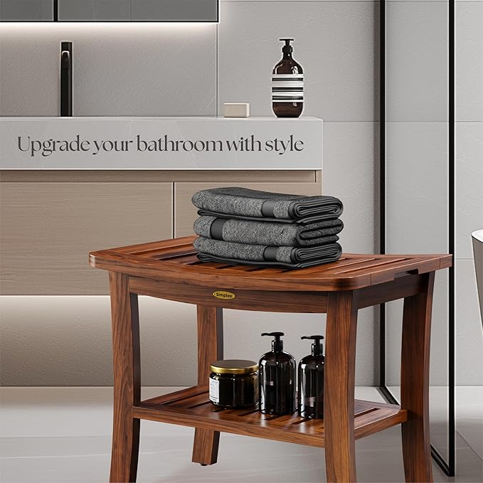 Simplex Teak Shower Bench, Fully Assembled Shower Stool, Water-Resistant Spa Seat, 20.8 Inch Non Slip Shower Bench, Indoor & Outdoor Use