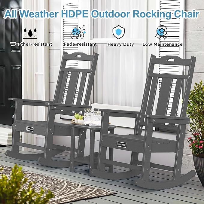 nalone Outdoor Rocking Chair, Oversized Porch Rocker Chair for Adult, All-Weather Resistant Patio Rocking Chair for Garden Lawn(Grey)
