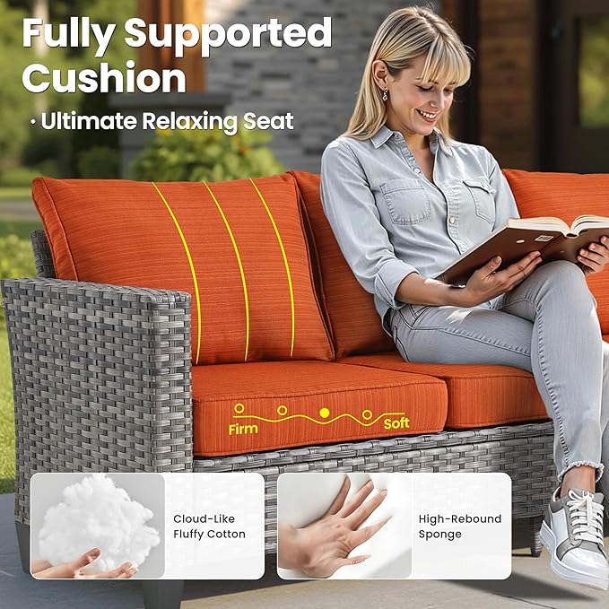 ovios 9 Pieces Patio Furniture Set, Outdoor Wicker Sofa Couch with Rocking Swivel Chairs Solar Lights Table, Modern Deep Seat Rattan Conversation Sets for Porch Deck, Orange Red