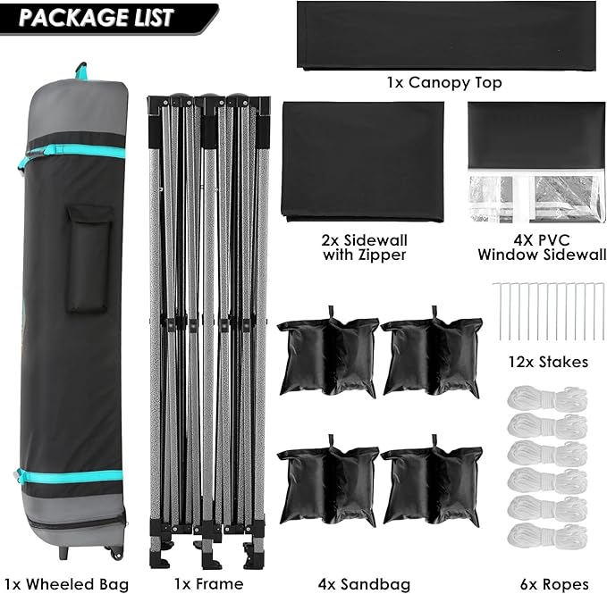COBIZI 10x20 Heavy Duty Pop up Canopy Tent with 6 sidewalls Easy Up Commercial Outdoor Canopy Wedding Party Tents for Parties All Season Wind & Waterproof Gazebo with Roller Bag,Black(Frame Thickened)