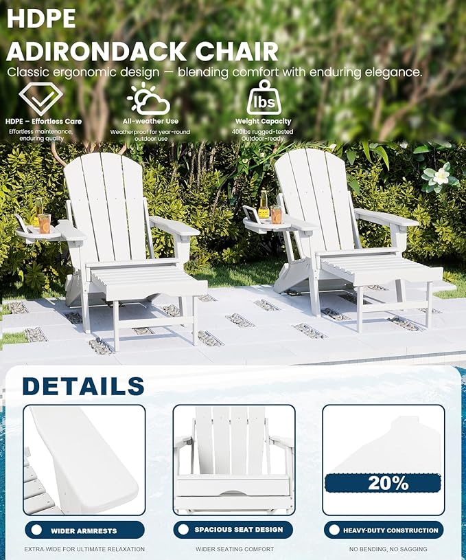 FOOWIN Folding Adjustable Adirondack Chair with Retractable Ottoman, HDPE Adirondack Chair w/4 in 1 Cup Holder Trays,All-Weather Resistant Fire Pit Chair for Outdoor Patio Lawn, White
