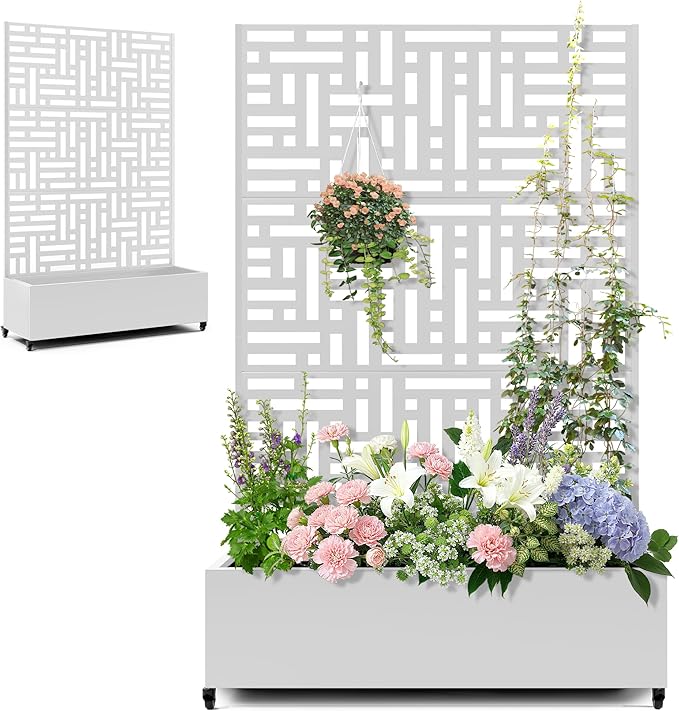 Large Raised Garden Beds with Trellis & Wheels, Metal Planter Box with Privacy Screen for Climbing Plants Vegetables, Fruits, 47"L Garden Boxes Outdoor with Drainage Holes (White Street)