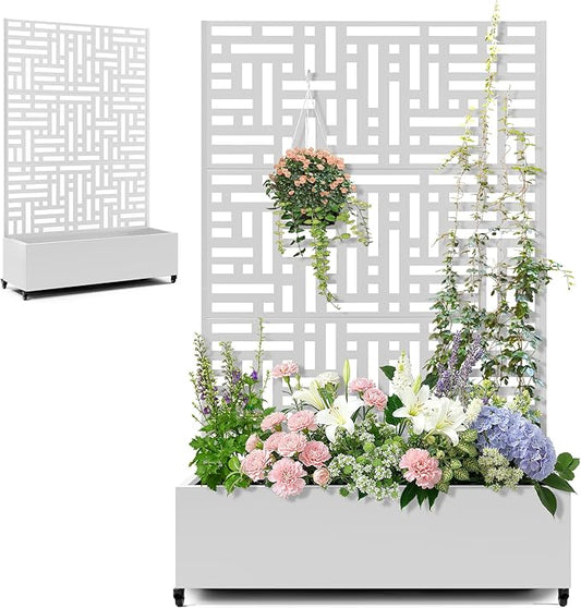 Large Raised Garden Beds with Trellis & Wheels, Metal Planter Box with Privacy Screen for Climbing Plants Vegetables, Fruits, 47"L Garden Boxes Outdoor with Drainage Holes (White Street)