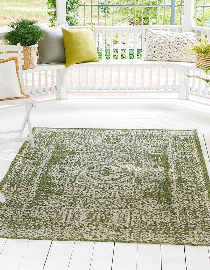 Unique Loom Outdoor Traditional Collection Area Rug - Timeworn (10' x 14' Rectangle Green/Ivory)