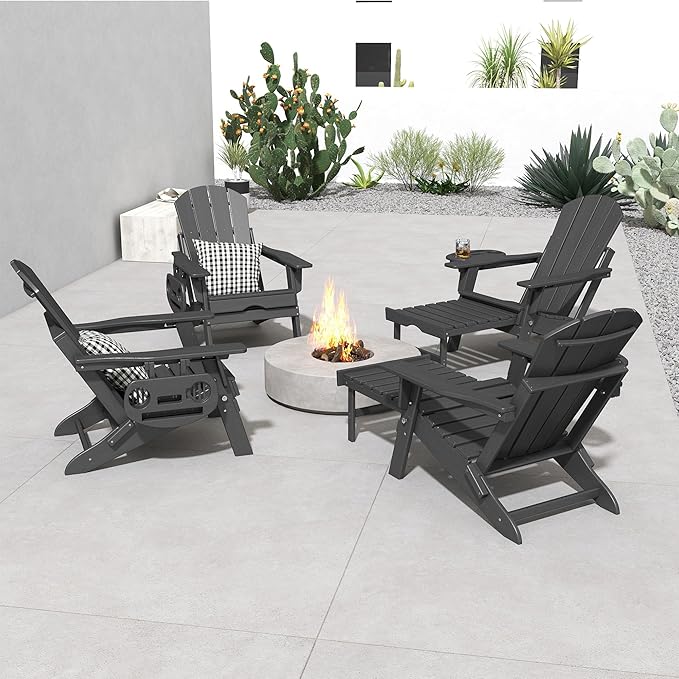 FOOWIN Adirondack Chair with Retractable Ottoman,HDPE Folding Adjustable Adirondack Chair w/4 in 1 Cup Holder Trays,All-Weather Resistant Fire Pit Chair for Outdoor Patio Lawn Set of 8