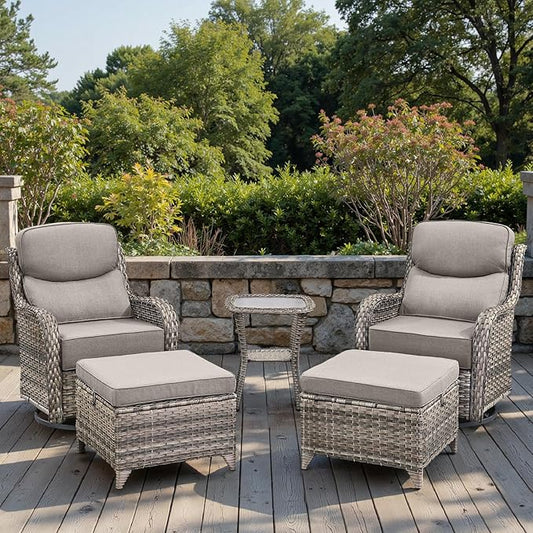Swivel Patio Chairs Sofa Set of 5 with 6" Thick Cushion - Wicker Outdoor Swivel Rocker Patio Chair with Side Table, High Back Comfortable Outdoor Glider Chairs - Grey Wicker - Grey Cushions