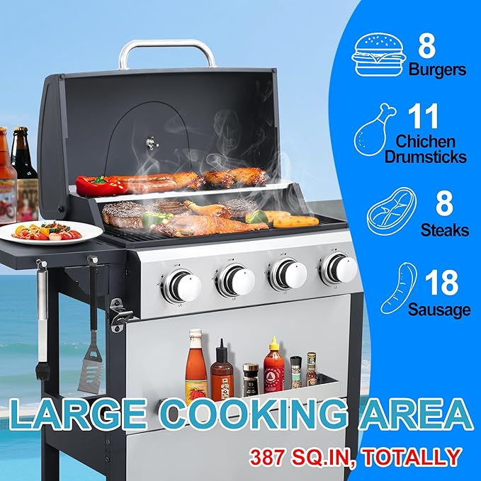 4-Burner Propane Gas Grill, Stainless Steel Control Panel, Easy Ignition, Temperature Gauge, 2-Enameled Cooking Grids, Portable With Wheels For 34,200 BTU Outdoor Barbecue BBQ Grill