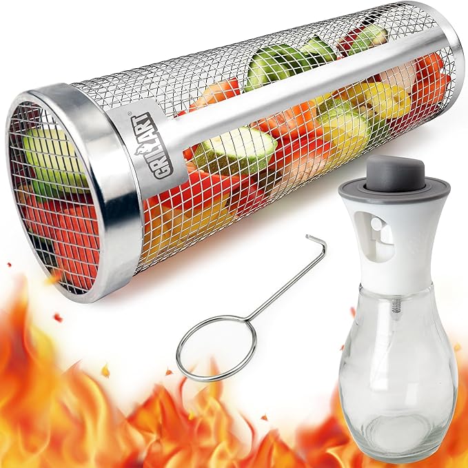 [Upgraded] Grilling Basket (Size XXL), Dishwasher Safe Round Grill Basket for Veggies, Stainless Steel Rolling Grilling Baskets for Outdoor Grilling, Heavy Duty, Easy to Store, Gifts for Men/Dad
