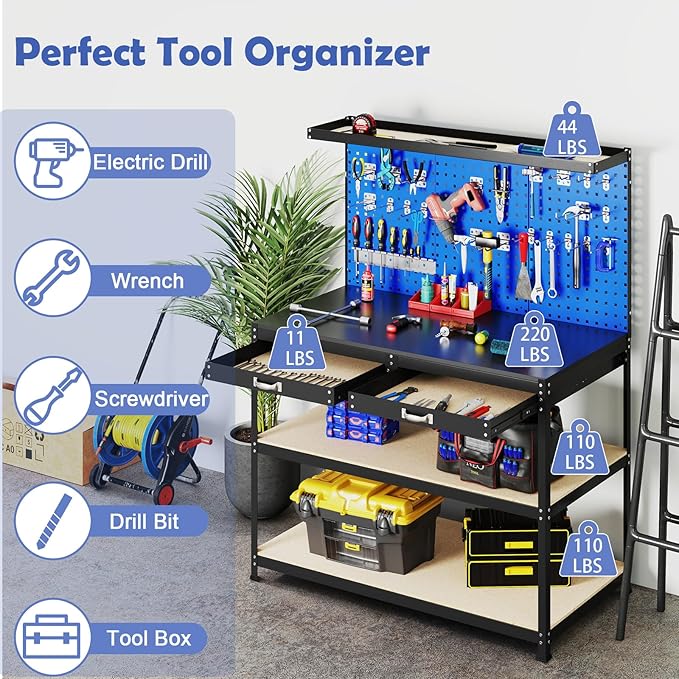 Goplus Workbench with Drawers, 48" x 24" Heavy-Duty Work Table with 3 PCS Pegboard & 4 Shelves, 24 Hanging Accessories, 506 LBS Capacity, Metal Tool Storage Work Bench for Garage, Workshop