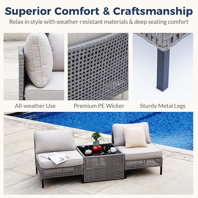 3-Piece Outdoor Modular Patio Set with 2 Armless Rattan Chairs and Glass Table, Gray PE Wicker Sectional Seating with Cushions for Balcony, Garden, Deck, Porch