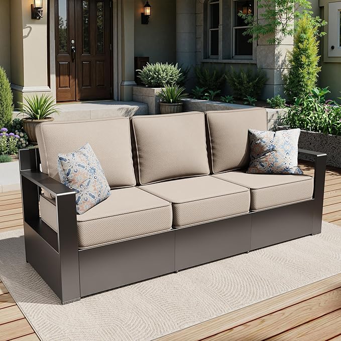 79" Aluminum Patio Sofa - All Weather Outdoor 3-Seat Sofa Couch with 6" Water-Resistant Cushions & Rectangular Framed Metal Armrest & Sofa Cover for Garden Porch (Beige)