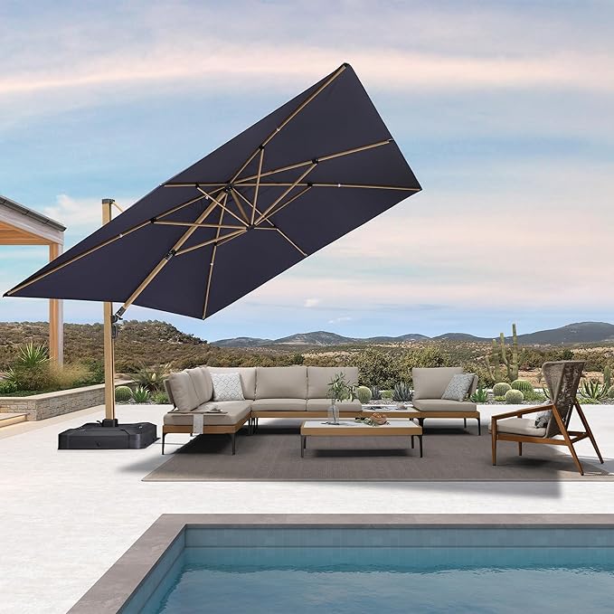 PURPLE LEAF 12FT Patio Umbrella With Base Square Cantilever Umbrella Teak Finished Aluminum Frame Large Windproof Offset Outdoor Sun Umbrellas for Beach Pool Deck, Navy Blue