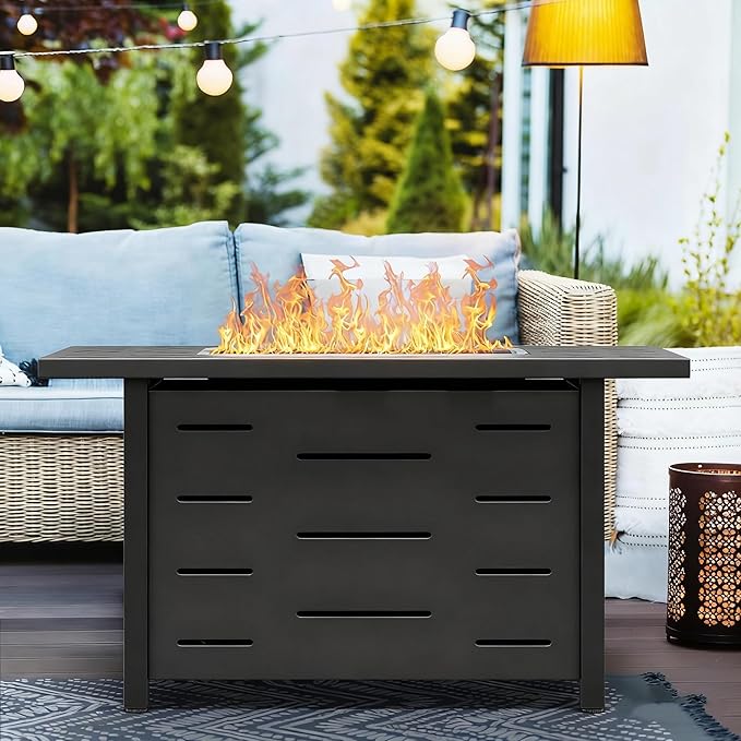43" Propane Fire Pit, 50,000 BTU Steel Gas Fire Pit Table with Lid for Outside, Steel Lid & Lava Rock, 2 in 1 Fire Table, Adds Warmth to Gatherings & Parties on Patio, Deck, Garden & Backyard, Black