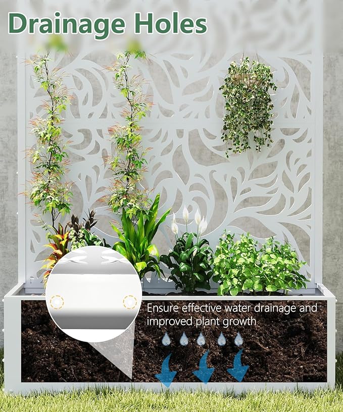 Metal Planter Box with Trellis,70.9"x47.2"x15.7" Raised Garden Bed with Drainage Holes, Privacy Planters for Outdoor Garden Bed for Climbing Plants,Vegetables,and Vines, White-Flower
