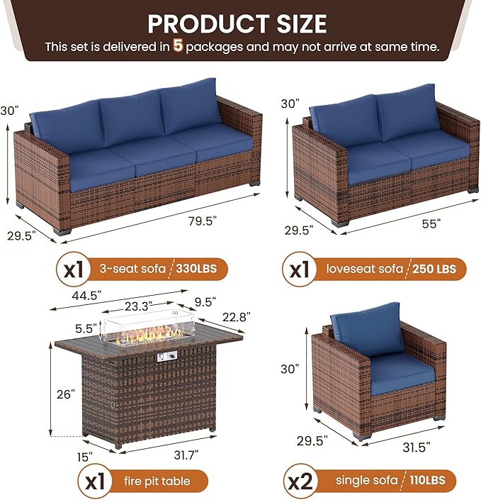 UDPATIO Patio Furniture Set with 44" Fire Pit Table, 5 Pieces Outdoor Furniture Sets, Wicker Rattan Patio Conversation Sets with Outdoor Sofa Waterproof Covers for Porch Deck Backyard, Blue