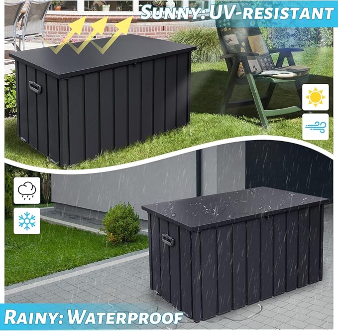 Outdoor Storage Box, 200 Gallon Metal Deck Box Built-in a Oxford Fabric Storage Bag, Lockable & Waterproof Outside Patio Storage Box for Cushions, Pillows, Tools, Pool Floats- Grey