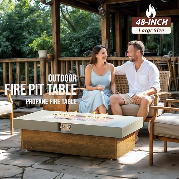 Outdoor Propane Fire Pit – 48" Fire Table with 50,000 BTU, Modern Propane Fire Pit with Adjustable Flame & Matching 20 lb Tank Stand for Patio, Garden, Deck