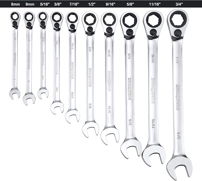 STARWORK TRUE MECHANIC™ 20 Pc. Reversible Ratcheting Combination Wrench Set, Non-Slip, Long Pattern, SAE, Metric, Professional, With Portable Roll-Up Pouch Bag…