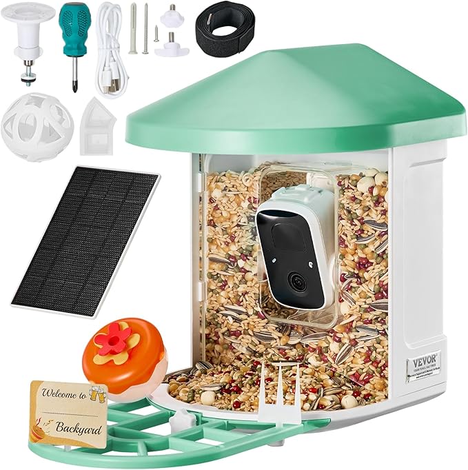 VEVOR Smart Bird Feeder with Camera, Solar Powered Bird House Camera, Wireless Outdoor Vedio Birdfeeder with AI Identify Birds, Auto Detect & Instant Notify and 2K Full HD, Ideal Gift for Bird Lover