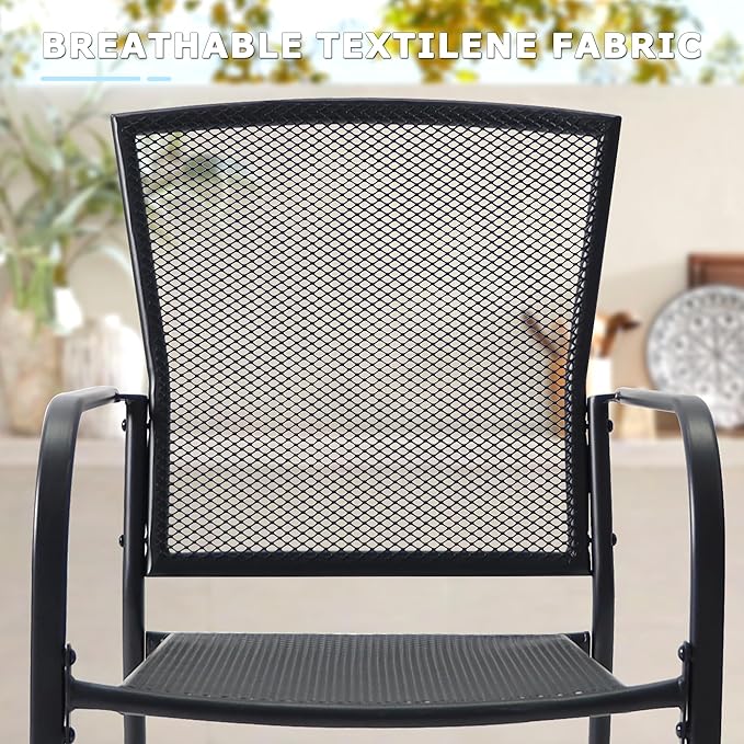 5 Piece Outdoor Dining Set, Patio Dining Set for 4, 42" Mesh Round Table with 4 Black Metal Mesh Outdoor Dining Chairs with Armrest for Lawn, Garden, or Porch
