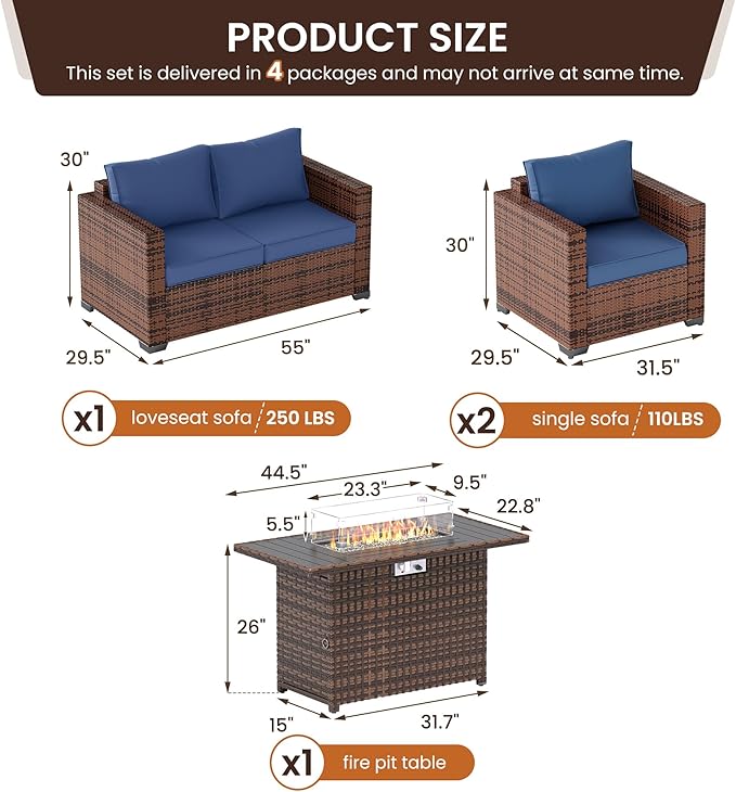 UDPATIO Patio Furniture Set with 44" Fire Pit Table, 4 Pieces Outdoor Furniture Sets, Wicker Rattan Patio Conversation Sets with Outdoor Sofa Waterproof Covers for Porch Deck Backyard, Blue