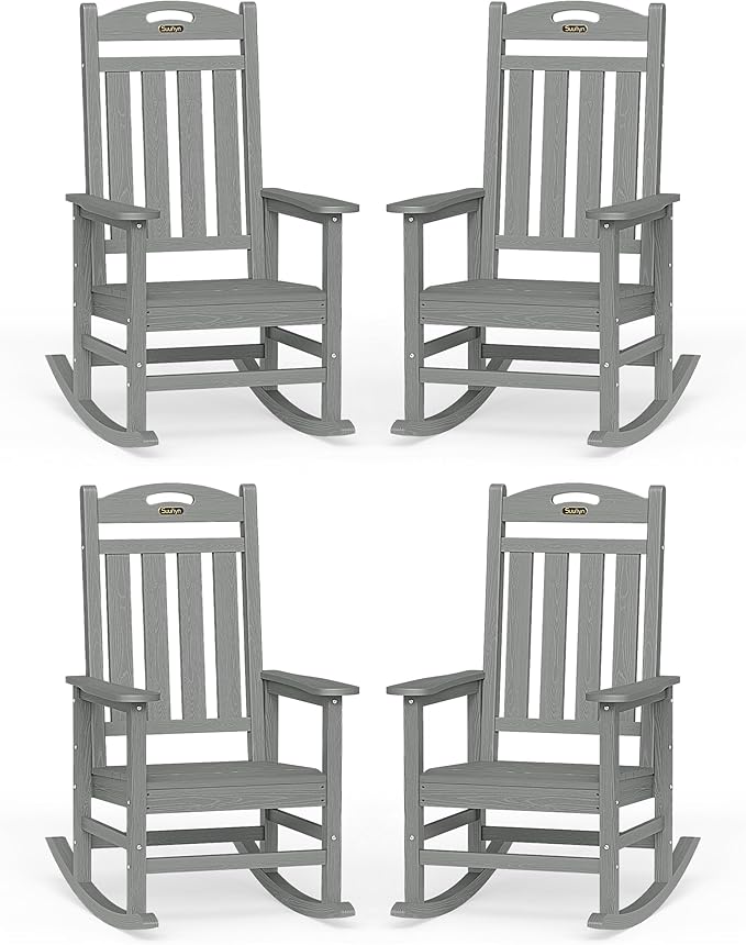 Oversized Outdoor Rocking Chair Set of 4, High Back Porch Rocker Chair, HDPE All Weather Resistant Rocking Chairs for Patio, 385lbs Weight Capacity, Grey