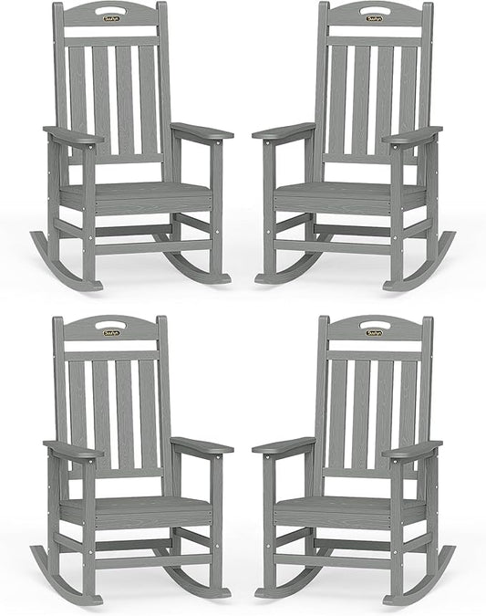 Oversized Outdoor Rocking Chair Set of 4, High Back Porch Rocker Chair, HDPE All Weather Resistant Rocking Chairs for Patio, 385lbs Weight Capacity, Grey