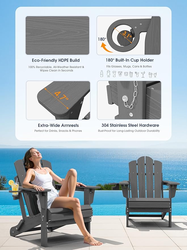 KINGYES 3-Position Adjustable Folding Adirondack Chair, Reclining Backrest Adironadck Chairs with Cup Holder, HDPE All-Weather Resistant Adirondack for Deck, Patio, Fire Pit, Grey